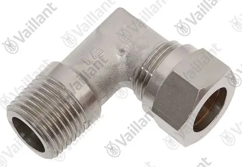 VAILLANT Winkelverschraubung aus Metall mit einem geraden und einem gewinkelten Anschluss. Ideal für Gasleitungen, präsentiert sich in einem robusten Design.